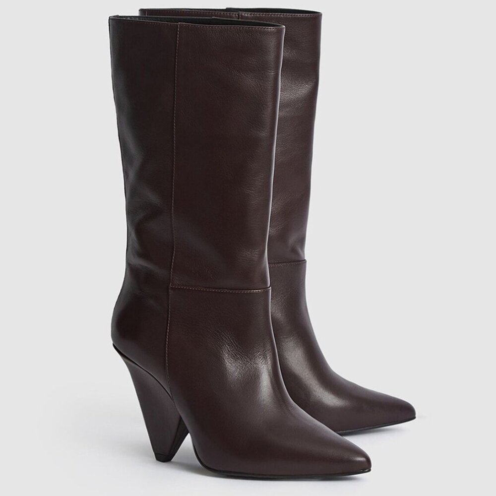 Reiss Jax Leather Calf Length Boots in Plum size 9